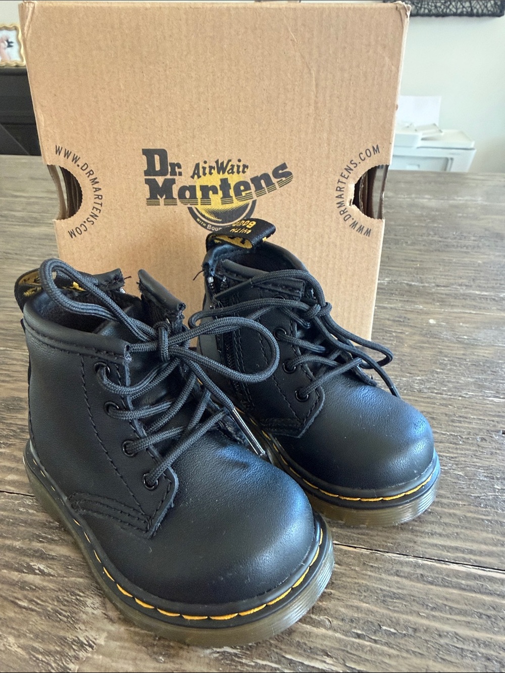 Dr. Martens Kids Black Leather Boots with Yellow Stitching
